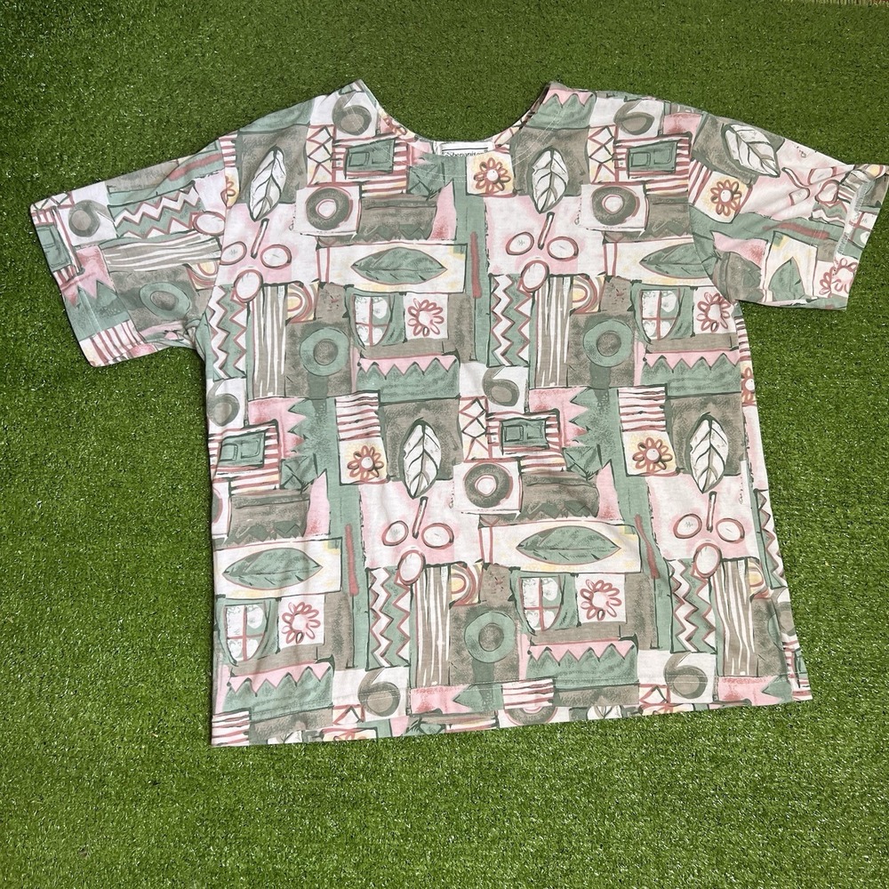 Vintage Women's T-shirt LG Abstract Pattern All Over Print Floral Top Blouse EUC